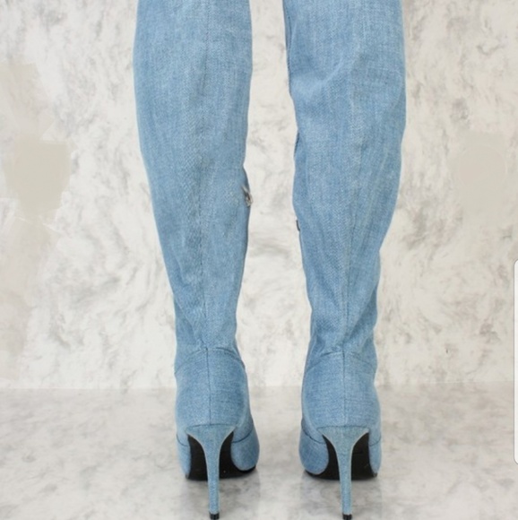 🆕️ DENIM DISTRESSED POINTY TOE THIGH HIGH BOOTS - Picture 6 of 8